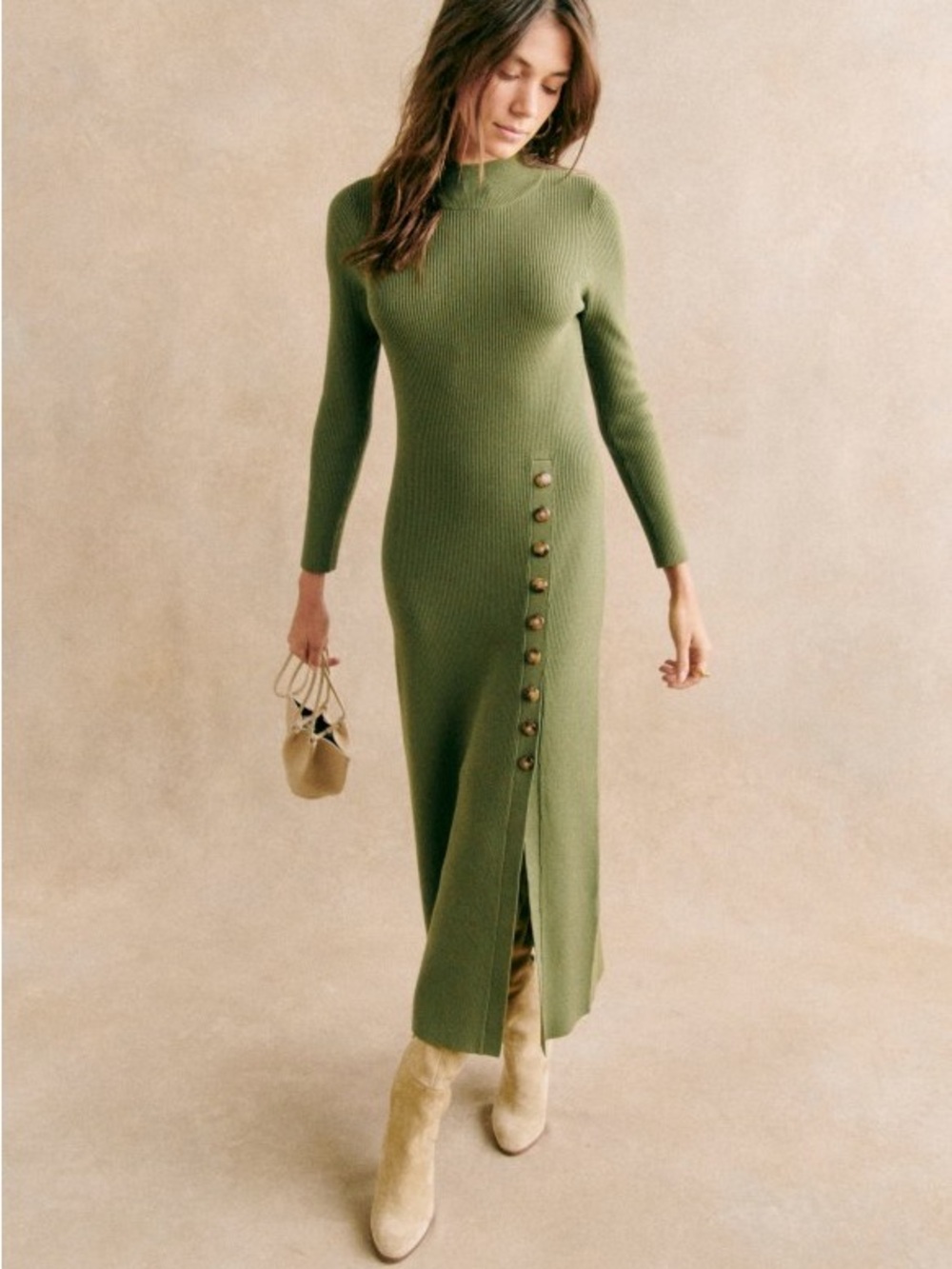 Sezane Olive Green Ribbed Maxi Dress with Side Button Placket
